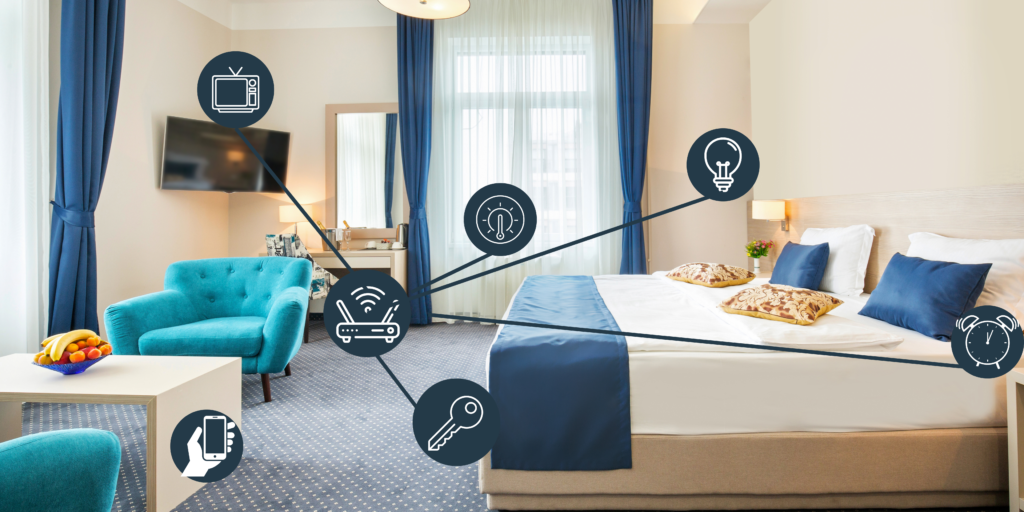 Hotel room with smart technology that can be controlled via cell phone